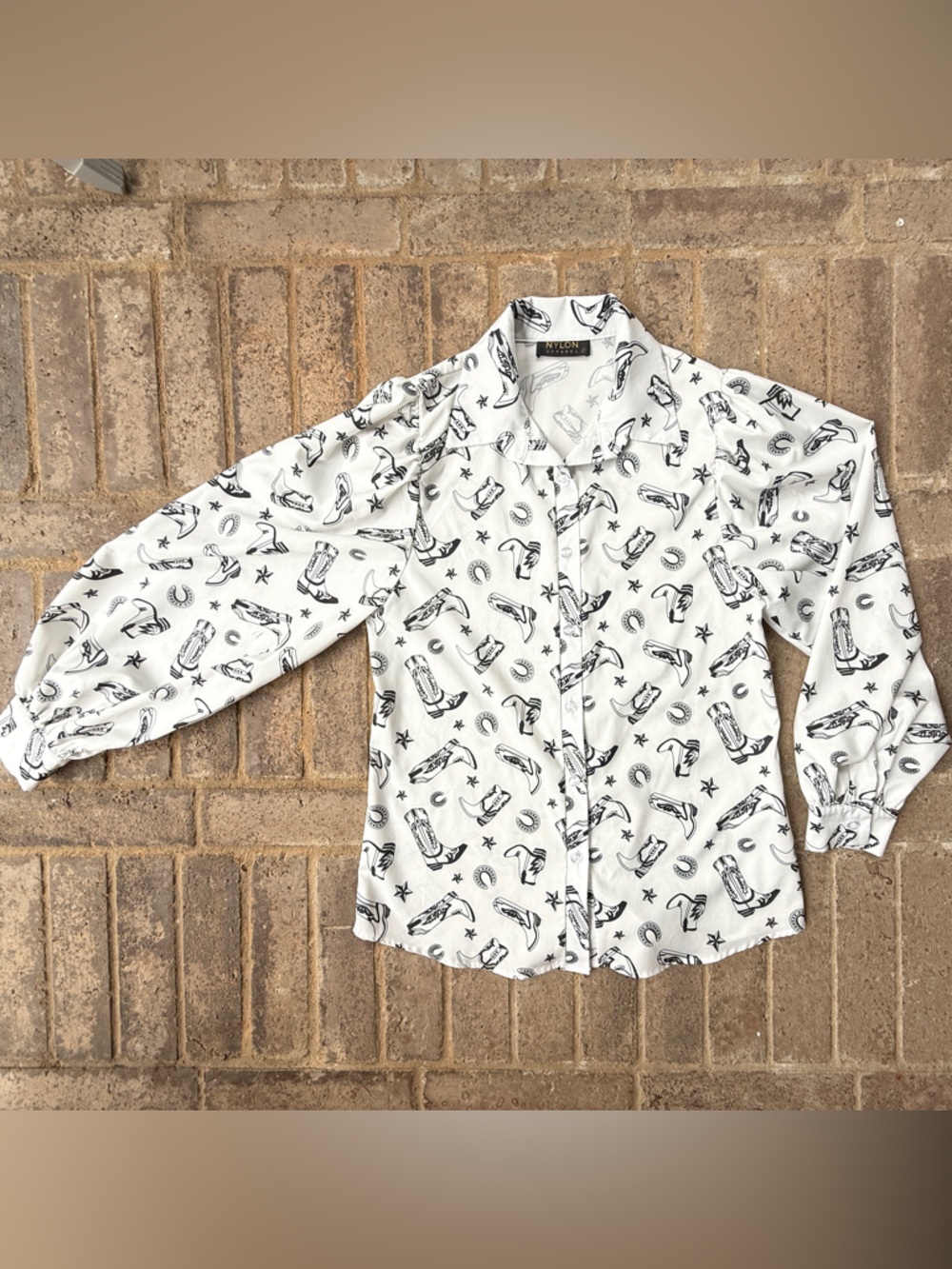 White Button-Up Blouse with Fun Black Print
